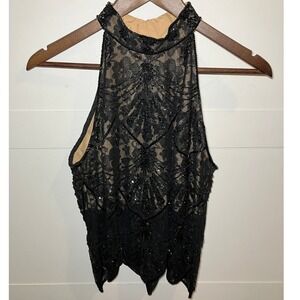 Cache Black Beaded Sequin Lace Halter Top Womens Medium Sexy Glam Y2K Evening